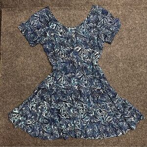 Bali Batiks tiered blue floral mini dress boho beach vacation island scoop neck